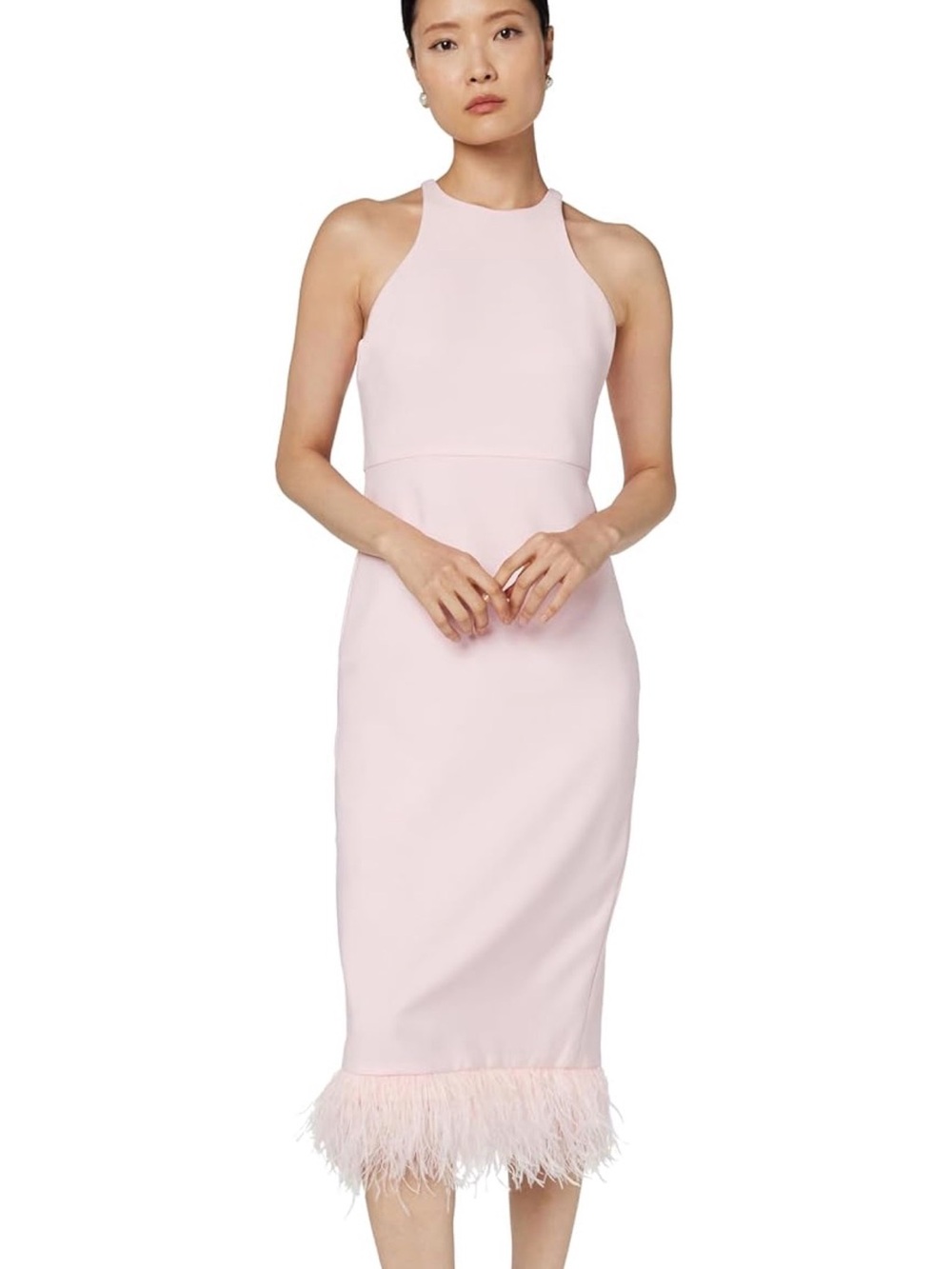 Likely Blush Feather-Trim Halter Midi Dress